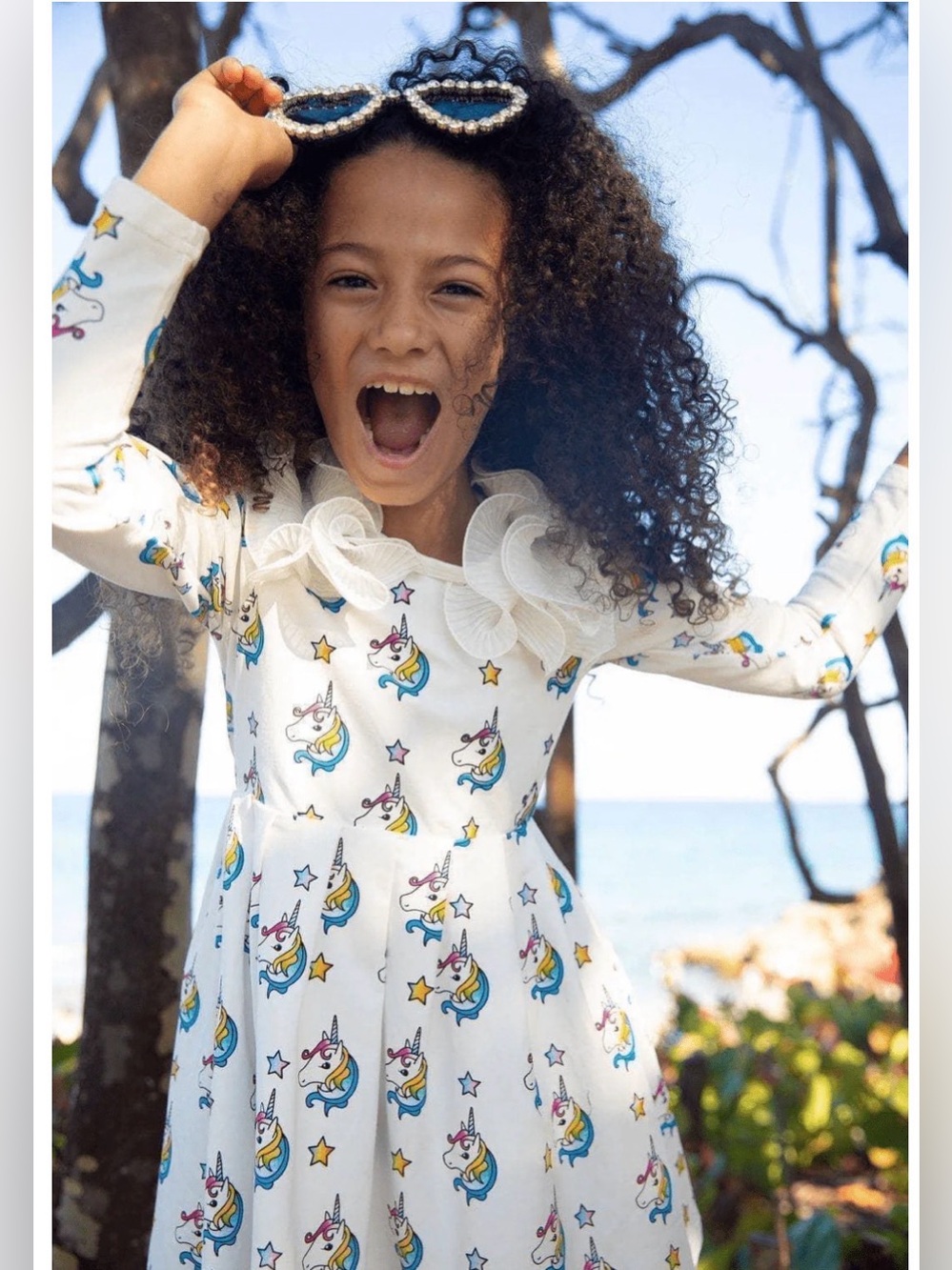 Lola + The Boys White Unicorn Print Dress with Yellow & Blue Accents